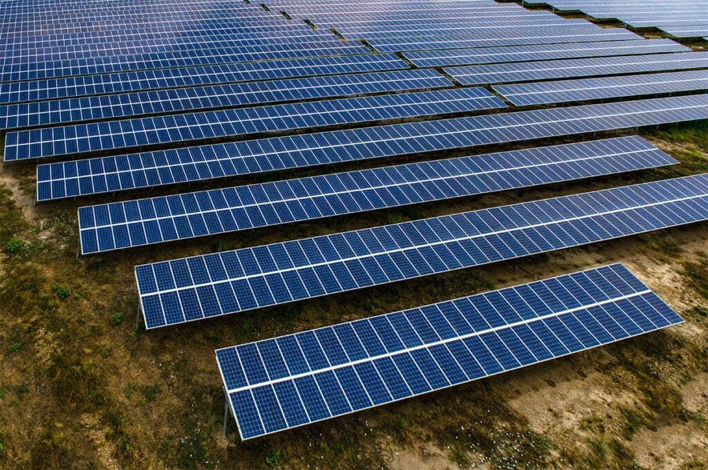 Renewable Background aerial view of a commercial solar panel installation